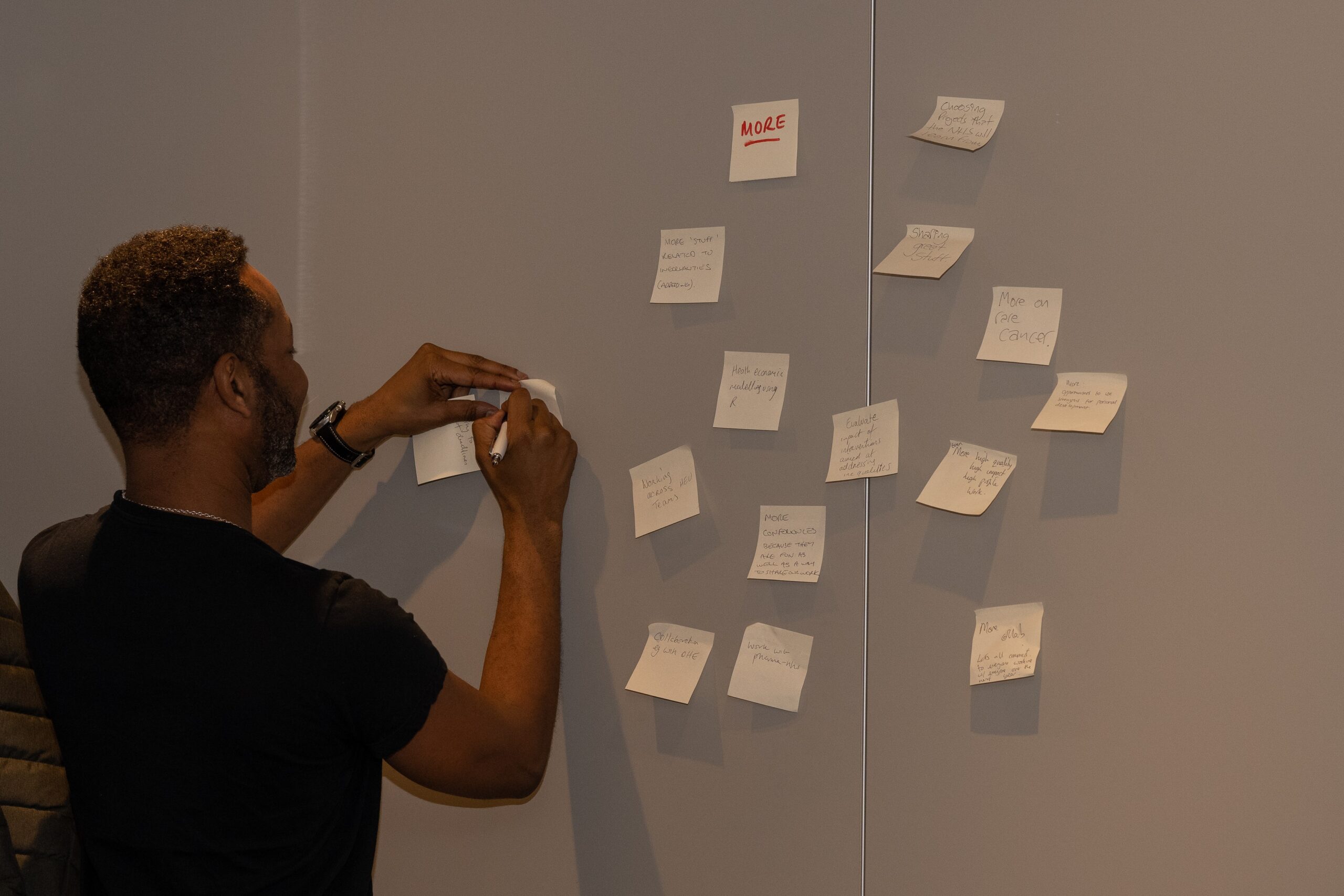 A man putting up notes on a wall